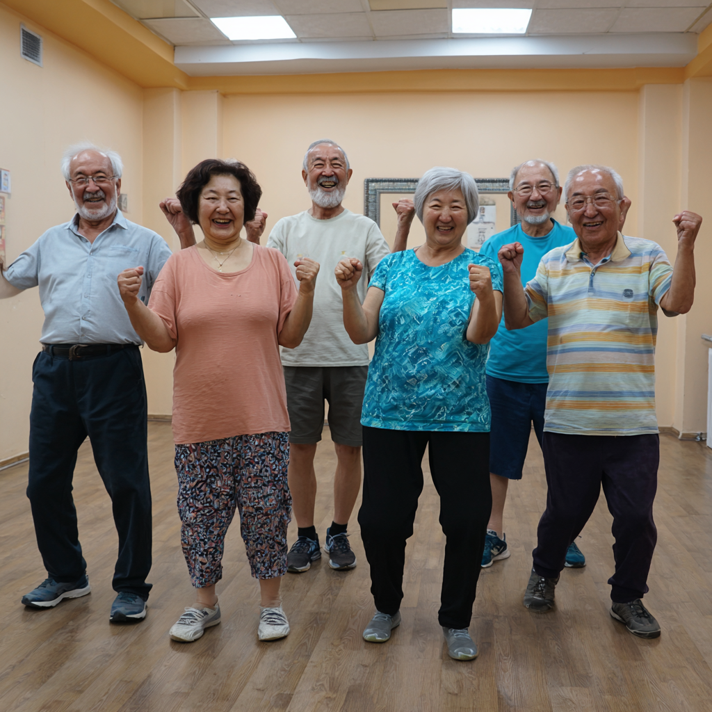 Группа пожилых европейских людей улыбаются после успешной тренировки Core-Flow, демонстрируя улучшенную физическую форму и уверенность