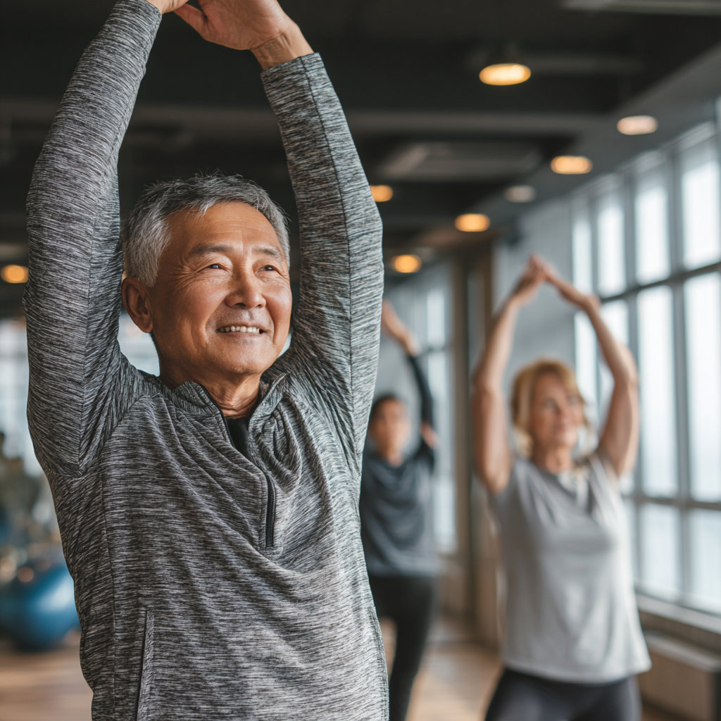 Опытный европейский фитнес-тренер средних лет с дружелюбной улыбкой демонстрирует правильную технику упражнений для укрепления мышц кора