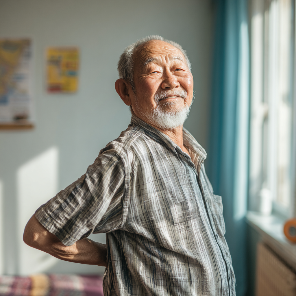 Группа довольных пожилых европейцев показывает результаты тренировок Core-Flow, демонстрируя улучшенную осанку и физическую уверенность